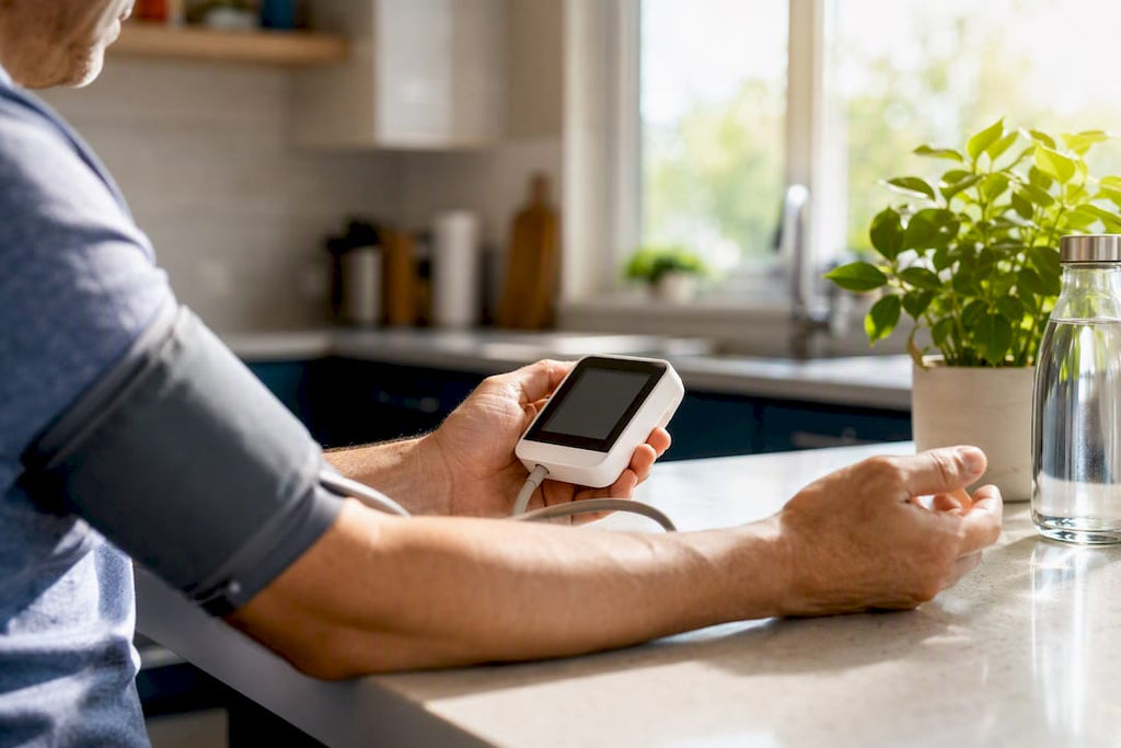 Hands holding blood pressure monitor near notes column