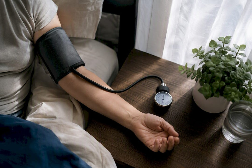 Arm with blood pressure cuff resting on table