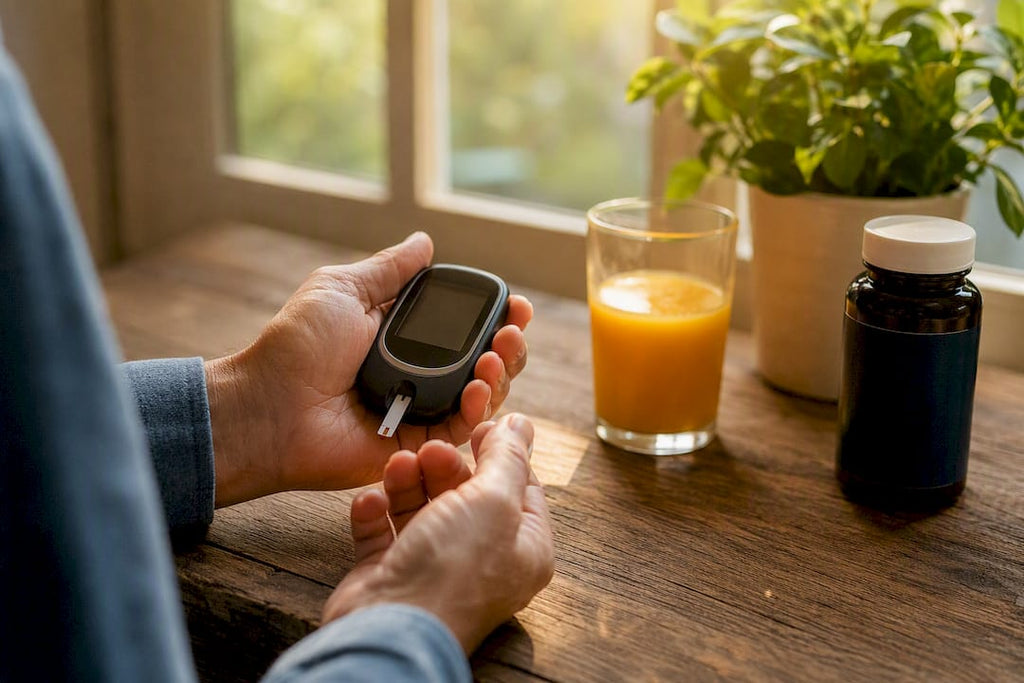 Blood glucose meter with test strip at morning