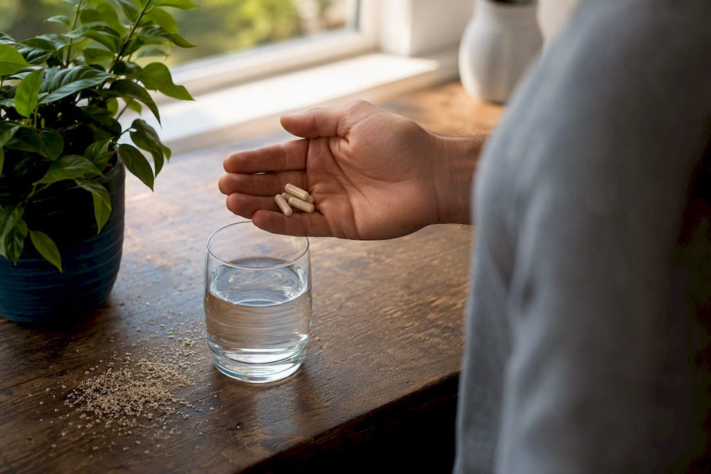 Hand holding psyllium capsules with glass of water