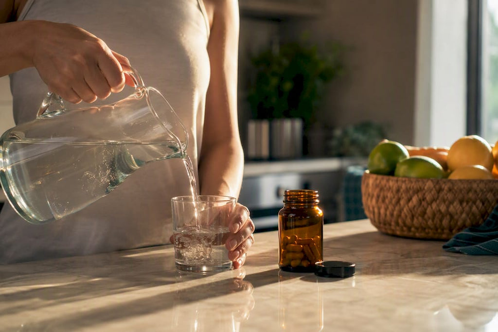 Person pouring water next to detox capsules