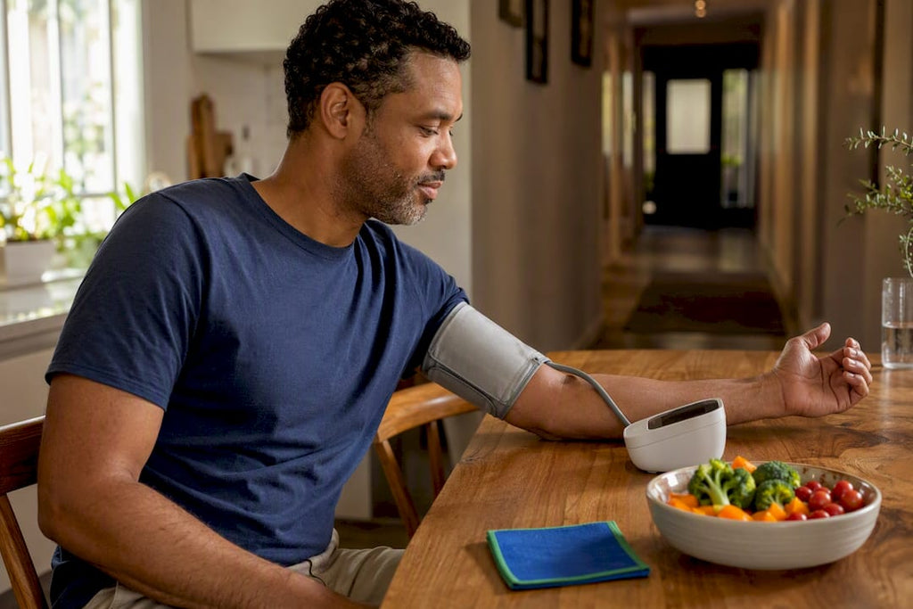Adult taking blood pressure reading at home