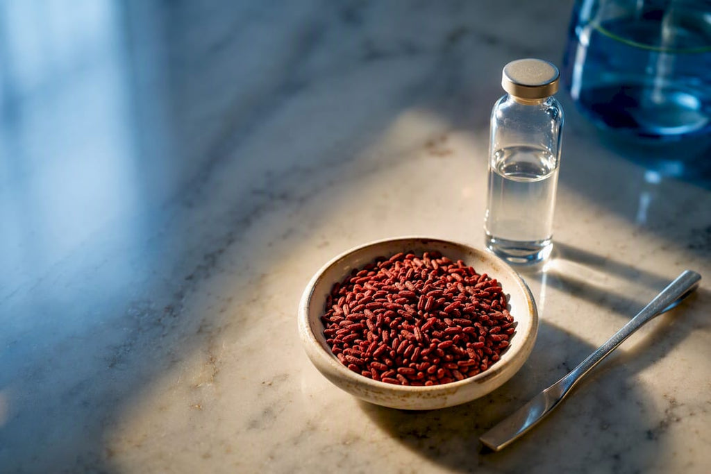 Fermented red yeast rice beside laboratory vial