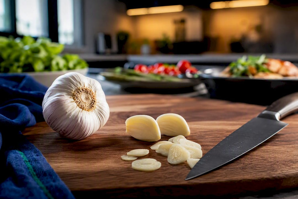 Fresh garlic cloves on a kitchen board