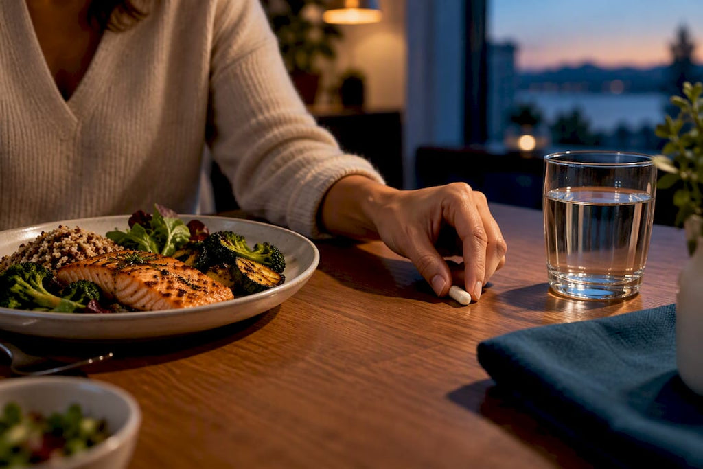 Anonymous capsule beside meal and water