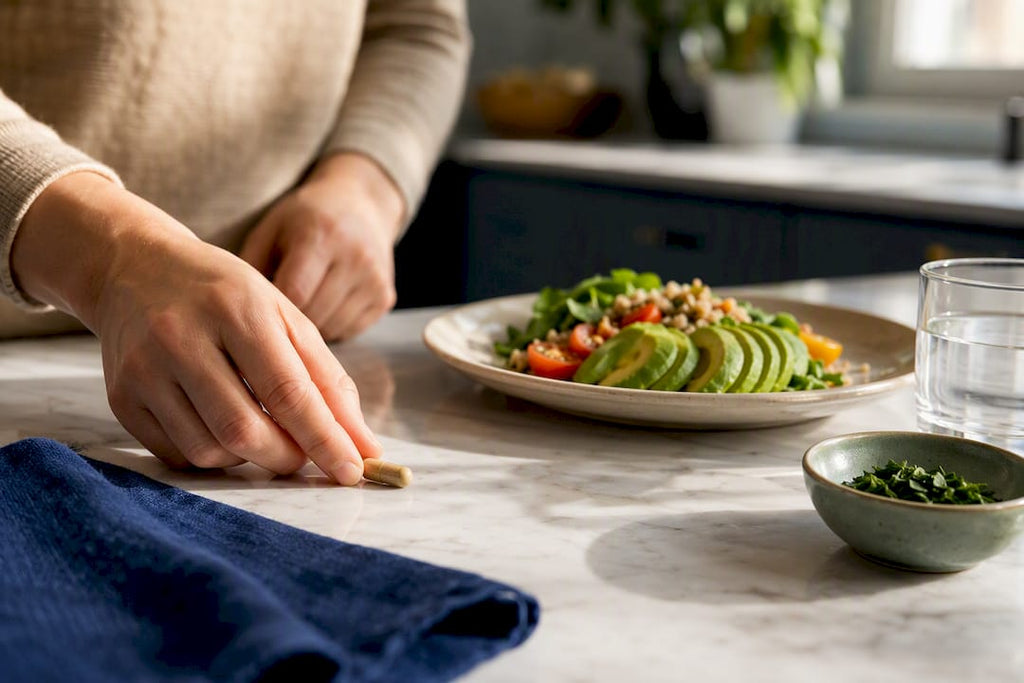 Anonymous capsule beside a meal with avocado