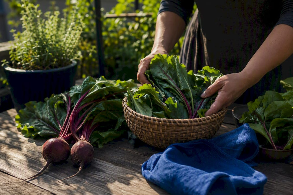 Fresh beets and leafy greens in harvest basket