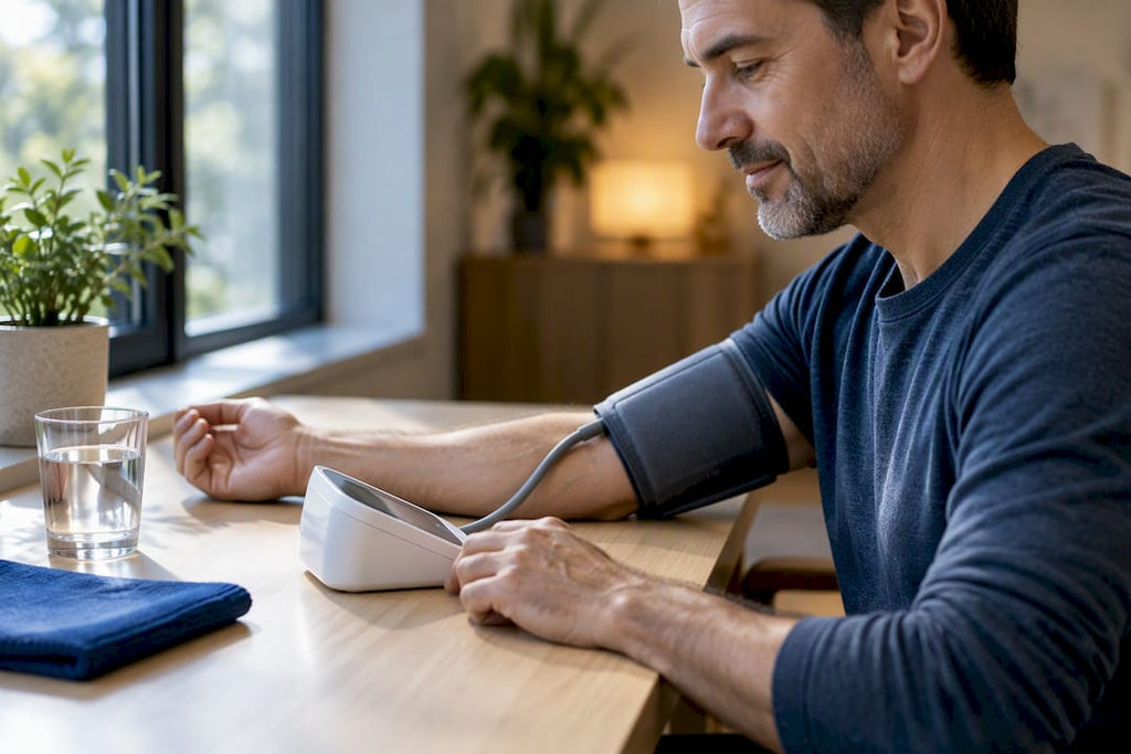 Adult checking blood pressure at home