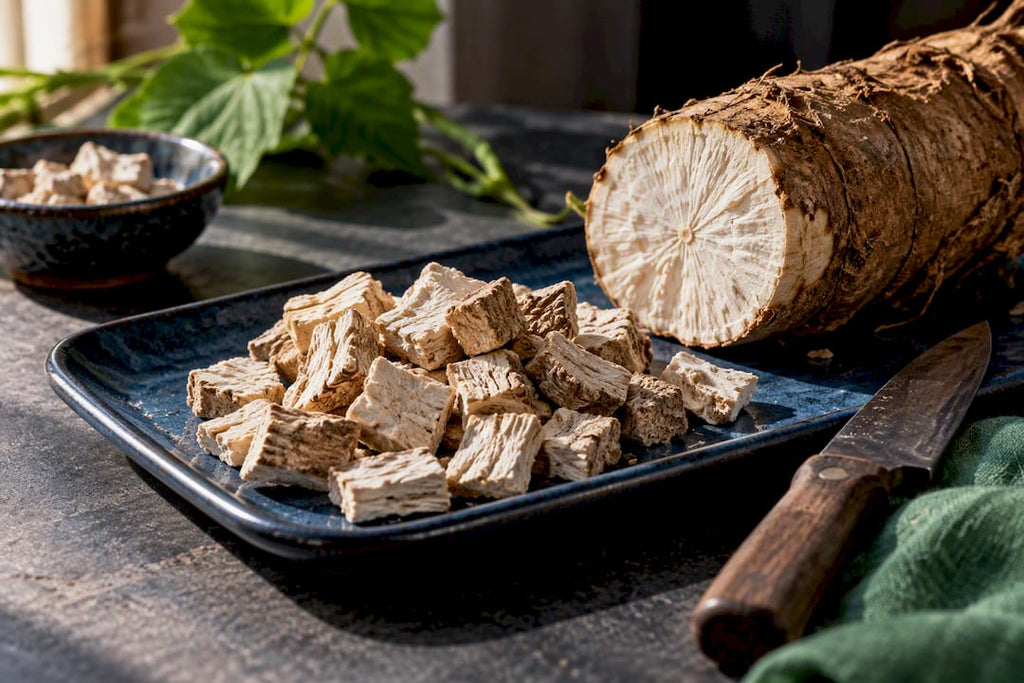 Dried kudzu root pieces on ceramic tray