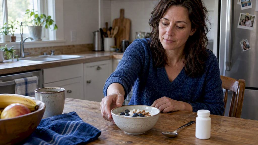 Woman comparing yogurt with probiotic supplement