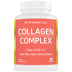 Bel-Air Collagen Complex with Type I, II, III, V, X collagen. Non-GMO, Supports hair, skin, nail, joints and bone health.