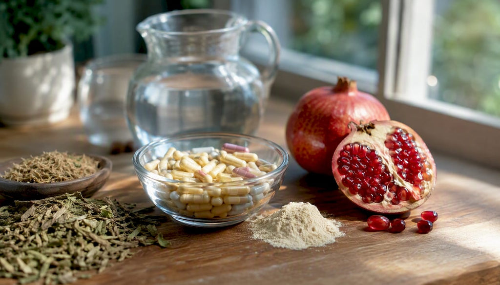 Probiotic capsules with pomegranate and digestive herbs