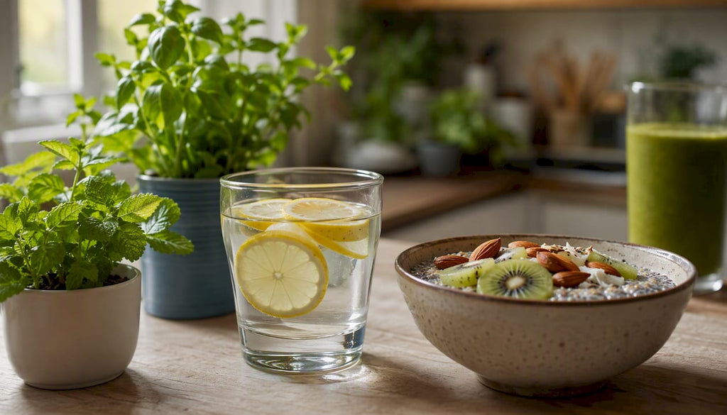 Glass of water and fiber-rich breakfast on table
