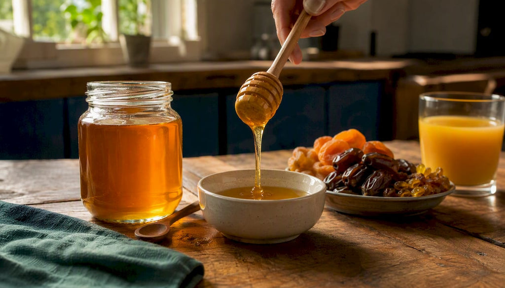 Honey dipper dripping honey near dried fruits and juice glass