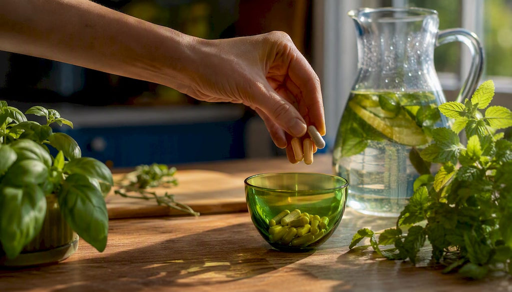 Hand pouring NAC supplement capsules onto dish