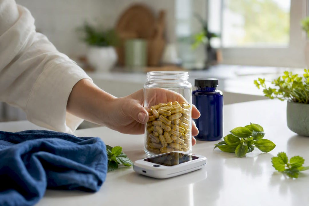 Berberine capsules and metformin pills on white surface