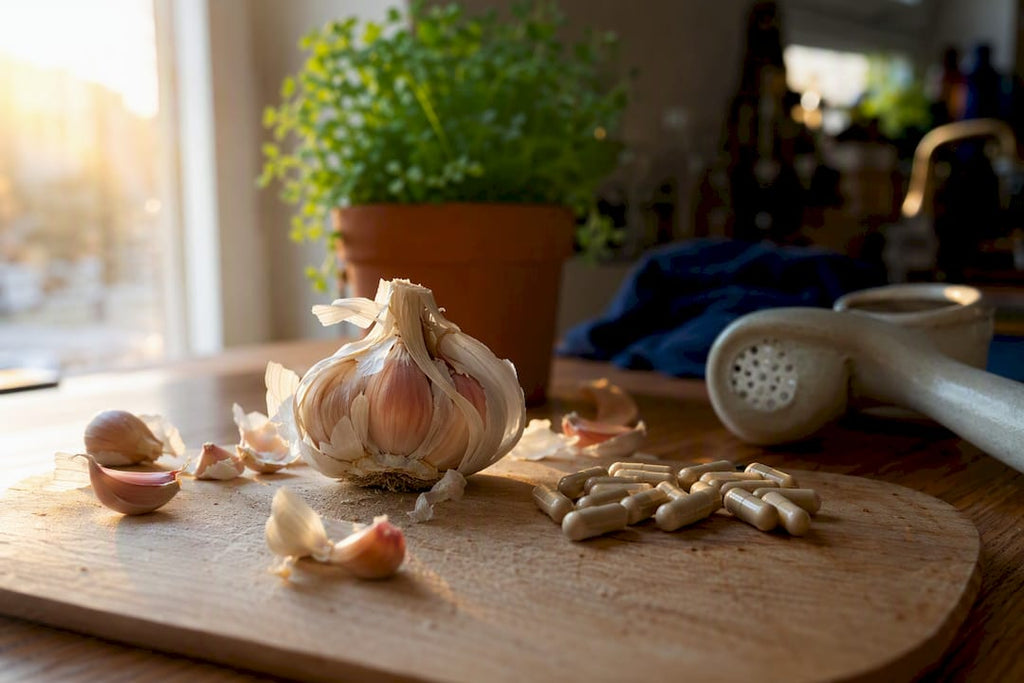 Garlic bulb and garlic supplement capsules on wood