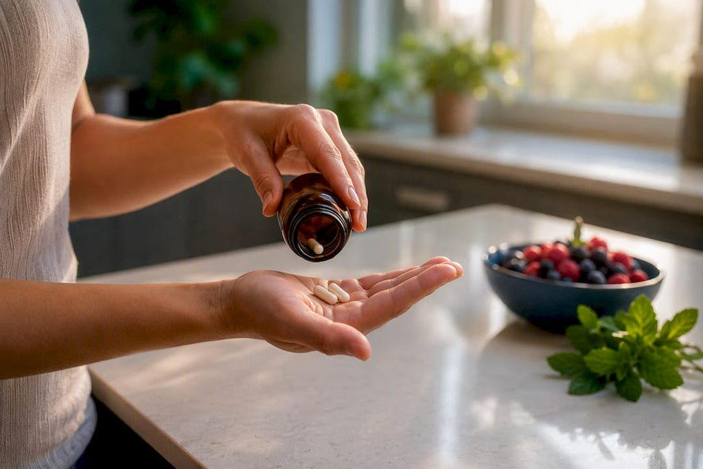 Hand pouring probiotic capsules from bottle