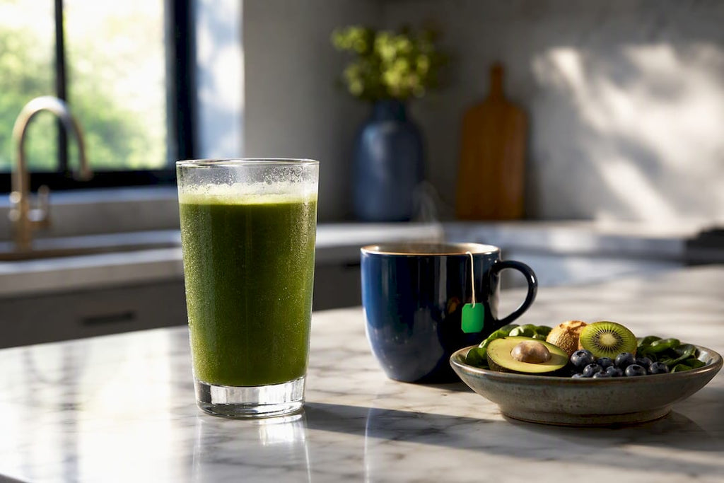 Green juice and whole foods on counter
