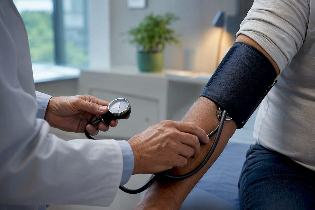 Clinician measuring blood pressure during examination