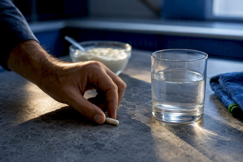 Unbranded probiotic capsule beside water and yogurt