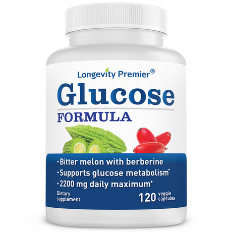Longevity Glucose Formula with Bitter Melon 600mg and Berberine 500mg for Blood Sugar Support. Best Blood Sugar Formula (120 vCaps)