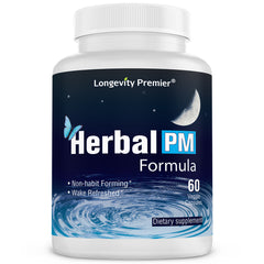 Longevity Sleep Formula: Herbal PM. Natural herbal formula for better sleep. Non-habit forming.  Better sleep quality. Supports deeper relaxation.