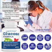 Longevity Glucose Formula with Bitter Melon 600mg and Berberine 500mg for Blood Sugar Support. Best Blood Sugar Formula. (60 vCaps)