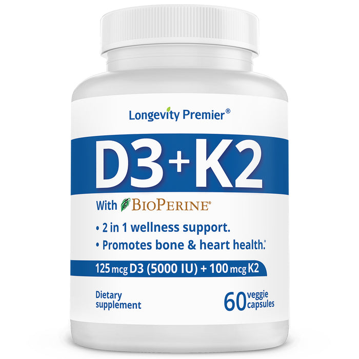 Longevity Vitamin D3+K2 with BioPerine - Transform Your Health Journey with Strong Bones, Robust Immunity, and a Happier You.